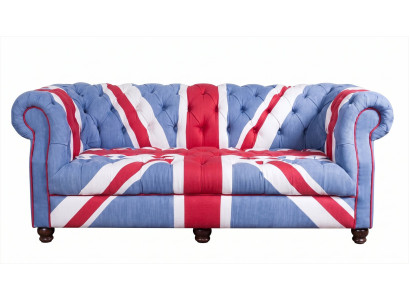 Chesterfield 3-Sitzer Sofa Union Jack Samt British Vintage Blau Rot