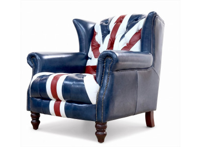 Chesterfield Ohrensessel Union Jack Leder British Vintage Dunkelblau