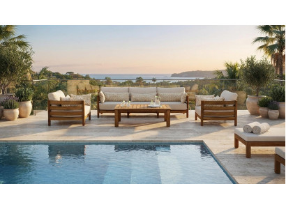 Beiges Designer Lounge Set Sofa 3-Sitzer 2x Sessel Edler Couchtisch