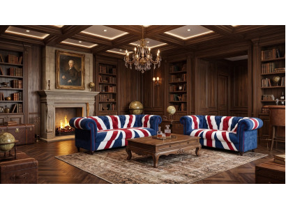 Chesterfield Sofagarnitur 3-Sitzer 2-Sitzer Union Jack Samt Vintage