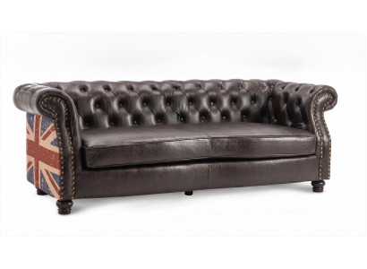 Chesterfield 3-Sitzer Sofa Union Jack Leder Antikbraun British Vintage