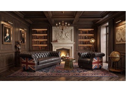 Chesterfield Garnitur 3-Sitzer Sofa Sessel Union Jack Leder Vintage