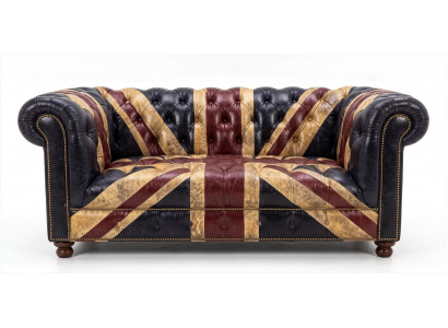 Chesterfield 3-Sitzer Sofa Union Jack Leder Schwarz Vintage British