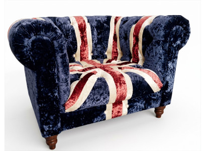 Chesterfield Sessel Union Jack Samt British Style Vintage Dunkelblau