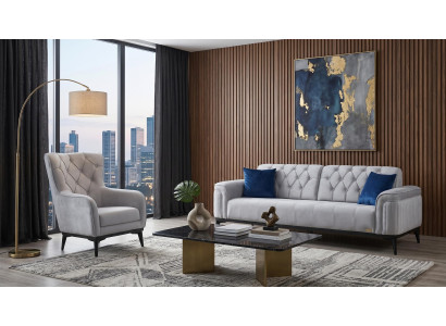 Graues Sofa-Set Sofas Stoffsofa Sessel Design Wohnzimmermöbel