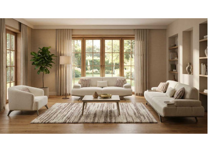 Sofa Set 2x 3 Sitzer Sessel Beige Modern Bequem Polstergarnitur