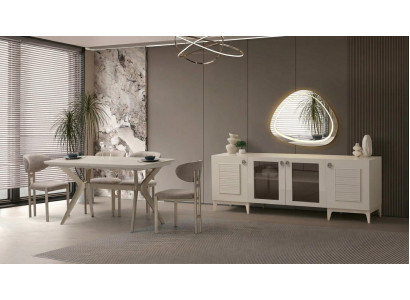 Modernes Esszimmer Set Beige Sideboard TV-Ständer Ausziehtisch Stühle
