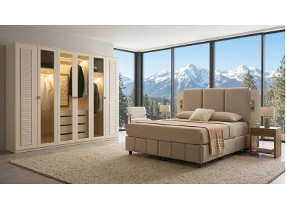 Beiges Schlafzimmer Doppelbett Designer Kleiderschrank Luxus Set
