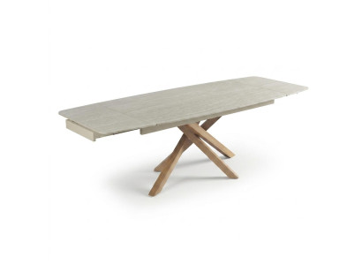 Elegant Skandi Ausziehbarer Esstisch Beigegrau Holz Optik Kreuzgestell