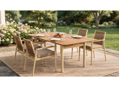 Modernes Gartenset Esstisch 6 Stühle Beige Holz Geflecht Terrasse