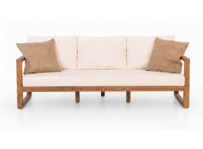 Modernes 3-Sitzer Gartensofa Beige Holzgestell Polstersofa