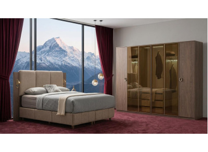 Elegantes Schlafzimmer Ensemble Beige Bett Kleiderschrank Textil