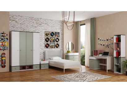 Graues Jugendzimmer Bett Schrank Kommode Nachttische Schreibtisch Bücherregal
