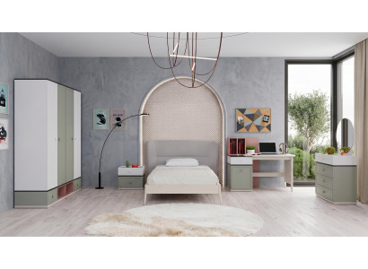 Graues Jugendzimmer Bett Kleiderschrank Kommode Nachttische Schreibtisch