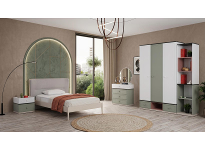 Graues Jugendzimmer Bett Kleiderschrank Kommode Nachttische Bücherregal