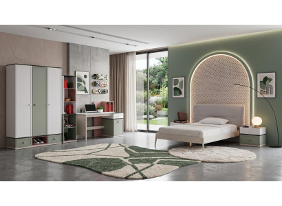 Graues Jugendzimmer Bett Schrank Nachttische Bücherregal Schreibtisch