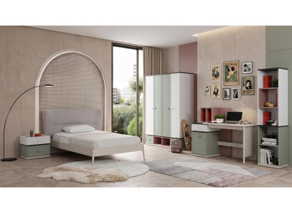 Graues stilvolles Jugendzimmer Bett Kleiderschrank Nachttische Schreibtisch