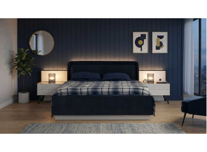 Doppelbett Bettgestell 2x Nachttisch Blau Beige Modern Edel Set