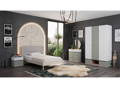 Graues Jugendzimmer Bett Kleiderschrank Kommode Nachttische  moderner