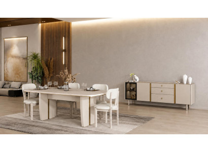 Modern Esszimmer Set Esstisch 4x Stühle Sideboard Beige Holz Textil