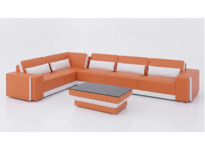 Modernes Wohnzimmer Set Orange Ecksofa Couchtisch Holz Design Garnitur