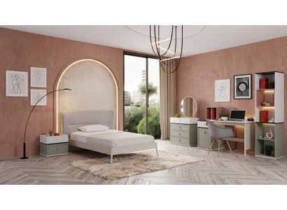 Graues Jugendzimmer Bett Kommode Nachttische Schreibtisch Bücherregal
