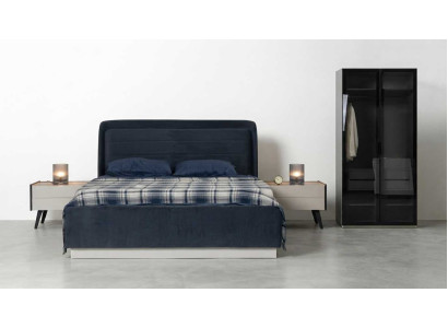 Schlafzimmer Set Bett 2x Nachttische Schrank Modern Blau Schwarz Edel