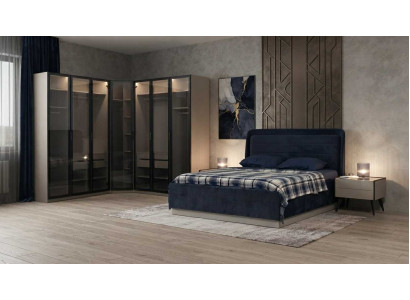 Schlafzimmer Set Bett Nachttisch Eckschrank Modern Blau Glas Edel