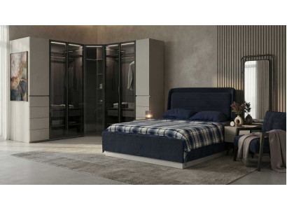 Schlafzimmer Set Bett Nachttisch Eckschrank Modern Blau Glas LED