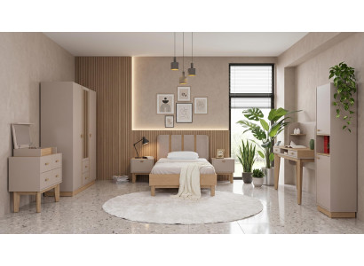 Beiges Jugendzimmer Bett Kleiderschrank Nachttische Kommode Schreibtisch