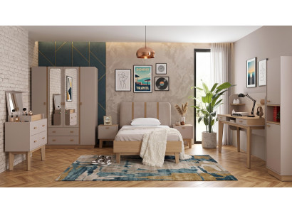 Beiges Jugendzimmer Bett Nachttische Schrank Kommode Schreibtisch Bücherregal