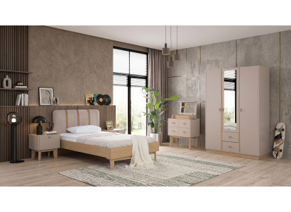 Beiges Jugendzimmer Bett Nachttische Kleiderschrank Kommode Schlafzimmer