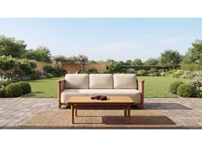 Modernes 3-Sitzer Gartensofa Beige Holzgestell mit Couchtisch