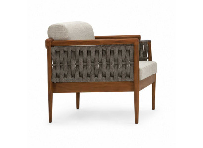 Loungesessel Braun Holz Geflecht Beige Polsterung Terrasse