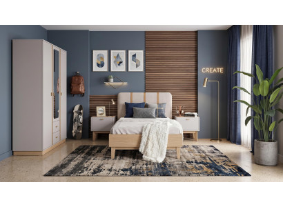 Stilvolles Beige Jugendzimmer Bett Kleiderschrank Nachttische Schlafzimmer