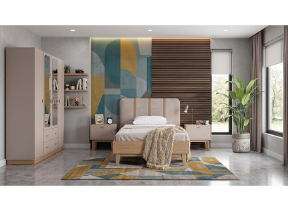 Modernes beiges Jugendzimmer Bett Kleiderschrank Nachttische Schlafzimmer