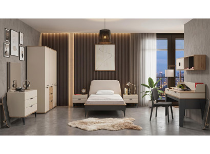 Beiges Jugendzimmer Bett  Nachttische Kommode Kleiderschrank Schreibtisch