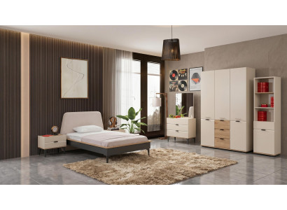 Beiges modernes Jugendzimmer Bett Schrank Kommode Nachttische Bücherregal