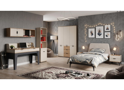 Beiges Jugendzimmer Bett Kleiderschrank Nachttische Schreibtisch Bücherregal