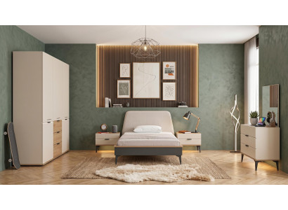 Luxuriöses beige Jugendzimmer Bett Kleiderschrank Kommode Nachttische modern
