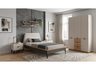 Stilvolles beiges Jugendzimmer Bett Kleiderschrank Nachttische modern