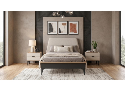 Beiges Jugendzimmer Bett mit gepolstertem Kopfteil Nachttische modern
