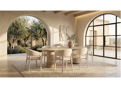 Design Esstisch Set Beige Modern Ovaler Tisch 6 Stühle Luxus
