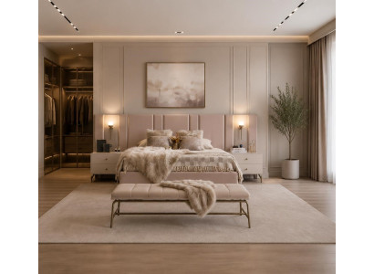 Schlafzimmer Set Rosa Bett Nachttische Polsterbank Textil Holz Modern