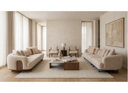 Sofa Set Beige Textil Holz Modern 4+3+1+1 Sitzer Zeitgenössisch