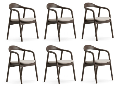 Stuhl Set 6x Braun Beige Textil Holz Modern Armlehnen Einfarbig Komfort