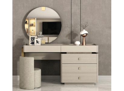 Modern Beiger Schminktisch Hocker Rundspiegel Holz Schlafzimmer Luxus