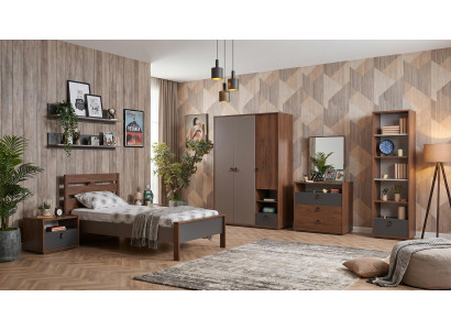 Modernes braunes Jugendzimmer Bett Schrank Kommode Nachttische Bücherregal