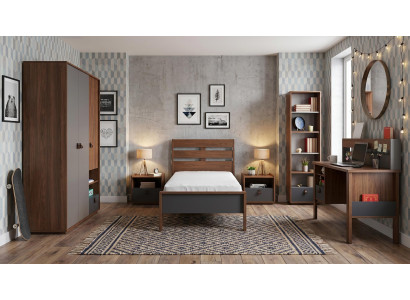 Braunes Jugendzimmer Bett Kleiderschrank Nachttische Bücherregal Schreibtisch
