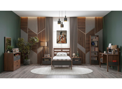 Braunes Jugendzimmer Bett Kommode Nachttische Schreibtisch Bücherregal